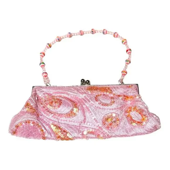 Small Light Pink Sequin Purse w/ Beaded Curved Strap - Multicolor Shimmer - Picture 2 of 7